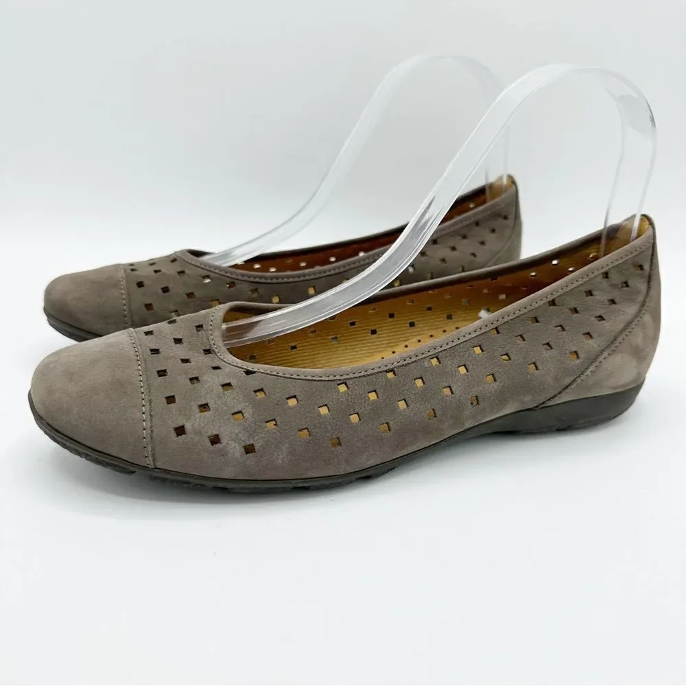 Gabor Hovercraft‎ Ruffle Nubuck Taupe Brown Perforated Comfort Ballet Flat Sz 6